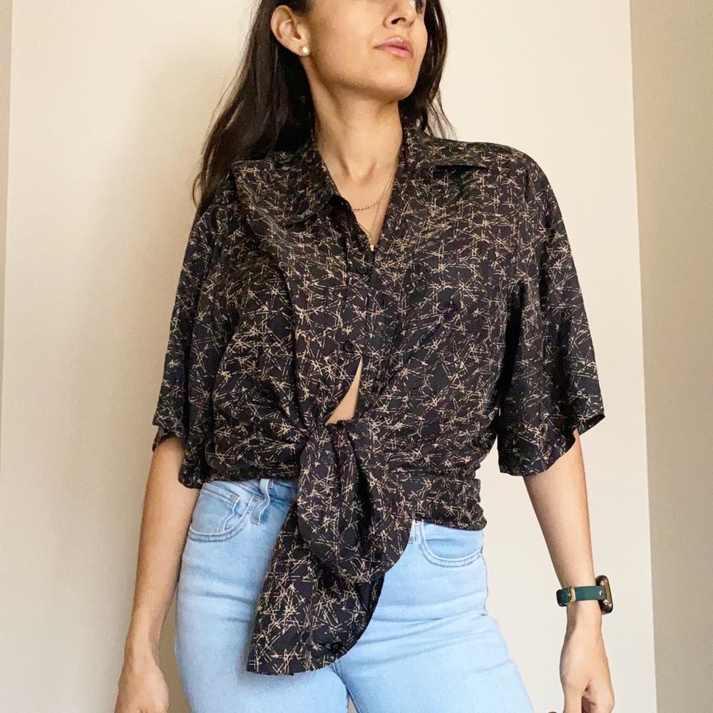 Vintage Geo Print Silk Button Down Shirt